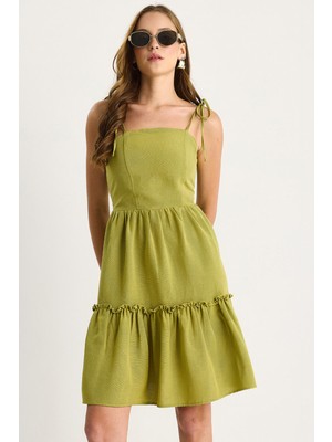 Shade Kadın Sırt Gipe Detaylı Katlı Ince Askılı Pamuklu Keten Elbise