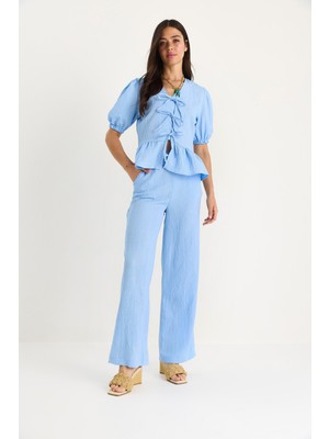 Kadın Bağlama Detaylı Kolları Lastikli Bluz Pantolon Bürümcük Takım