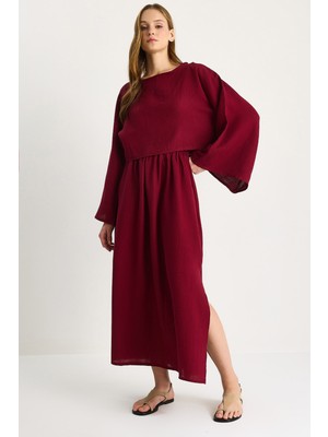 Kadın Yarasa Kol Crop Yırtmaç Detay Etek Müslin Takım -