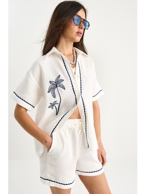Kadın Palmiye Nakışlı Rahat Gömlek Cep Detaylı Şort Müslin Alt-Üst Takım G-