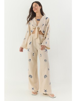 Kadın Nakışlı Bağlama Detaylı Crop Bol Pantolonlu Müslin Alt-Üst Takım