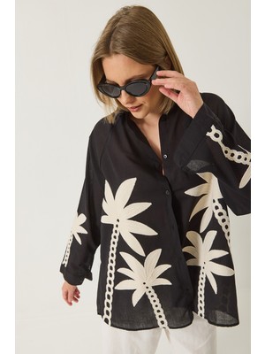 Shade Kadın Palmiye Işlemeli Uzun Kollu Keten Gömlek