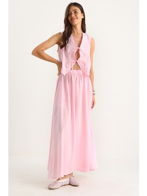 Kadın Önü Bağlamalı Nakış Işlemeli Yelek Cep Detaylı Uzun Modal Etek Takım