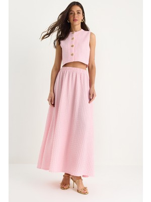 Kadın Crop Yelekli Beli Lastikli Cep Detaylı Uzun Etekli Alt-Üst Gofre Takım