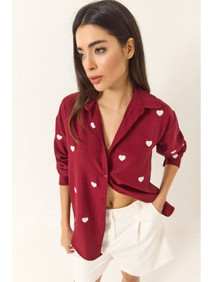 Kadın Nakış Kalp Işlemeli Oversize Gömlek