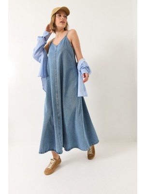 Shade Kadın Ince Askılı Uzun Denim Elbise