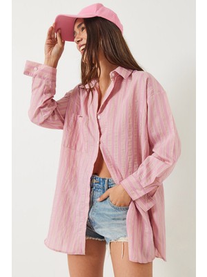 Shade Kadın Tek Cep Detaylı Çizgili Oversize Gömlek