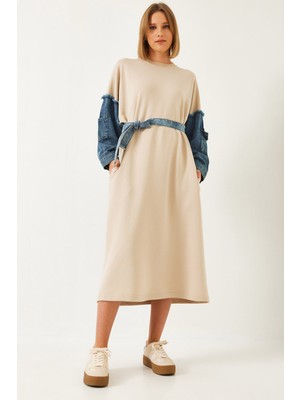 Shade Kadın Kolları Denim Detaylı Elbise