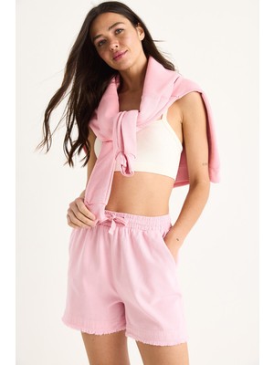 Kadın Beli Lastikli Cep Detaylı Yüksek Bel Paçası Püsküllü Kısa Keten Şort Yp