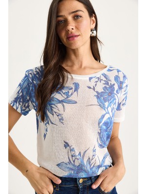 Shade Kadın Bisiklet Yaka Desenli Dijital Baskılı Regular Yazlık Örme T-Shirt