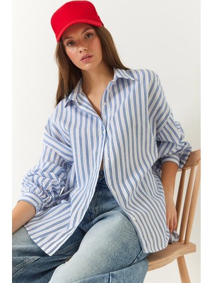 Shade Kadın Üç Çizgili Oversize Standart Basic Gömlek