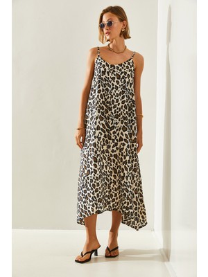 Kadın Leopar Ip Askılı Puantiyeli Asimetrik Kesim Basic  Elbise