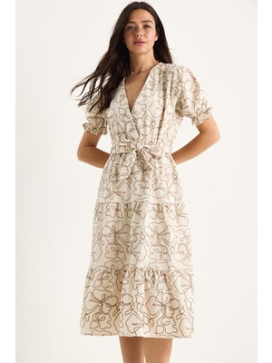 Kadın Kruvaze Yaka Beli Lastikli Kuşaklı Nakış Işlemeli Keten Elbise