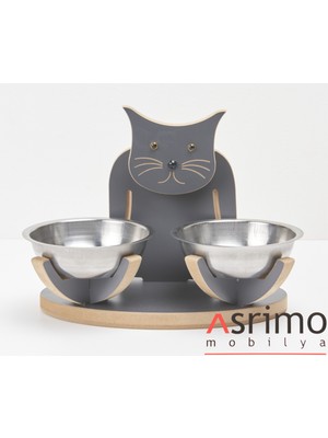 Demonte Ahşap Kedi Figürlü Mamalık ve Suluk