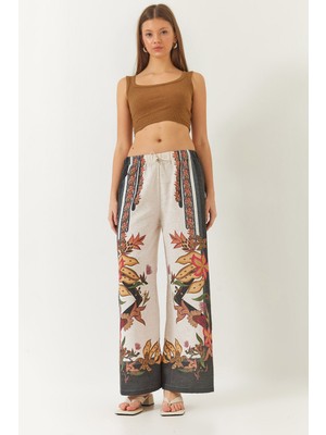Shade Kadın Beli Lastikli Bağlama Detaylı Desenli Dökümlü Palazzo Pantolon