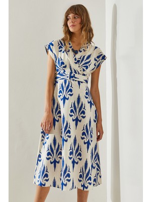 Kadın Kruvaze Yaka Seyyar Kemerli Midi Boy  Elbise