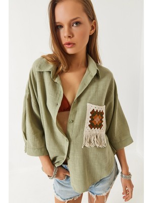 Shade Kadın Cep Dantel Detaylı Oversize Keten Gömlek