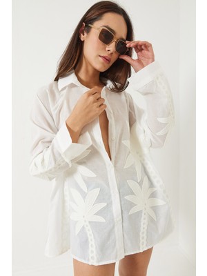 Shade Kadın Palmiye Işlemeli Uzun Kollu Keten Gömlek