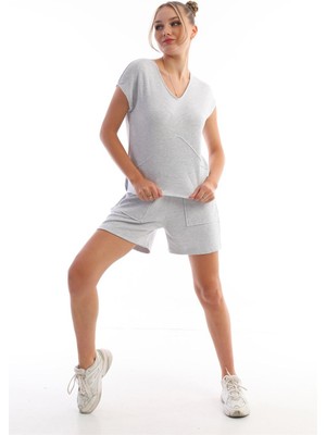 Edelle Düşük Omuz Tişört Kadın Şort Takım Gri Melanj
