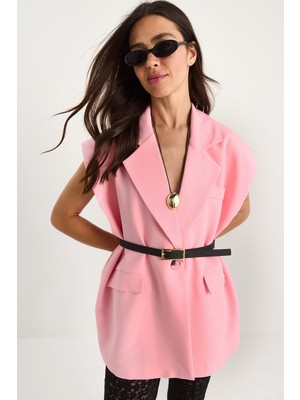 Shade Kadın Cep Detaylı Kemerli Vatkalı Oversize Astarlı Blazer Yelek