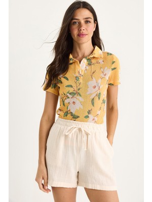 Shade Kadın Yazlık Örme Bluz, Polo Yaka Desenli Dijital Baskılı, Polyester Kumaş ile Rahat Kullanım