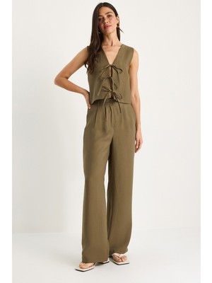 Kadın Bağlamalı Yelek Yüksek Bel Bol Pantolonlu Modal Alt-Üst Takım