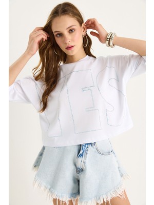 Shade Bisiklet Yaka Taş Baskılı Basic Salaş T-Shirt