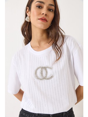 Shade Kadın Bisiklet Yaka Kısa Kollu Boncuk Taş Baskılı Salaş T-Shirt