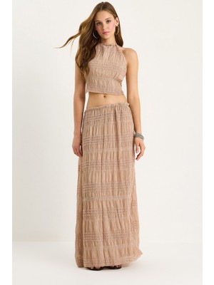 Kadın Sırt Detaylı Gipeli Crop Bluz Astarlı Pileli Etek Takım