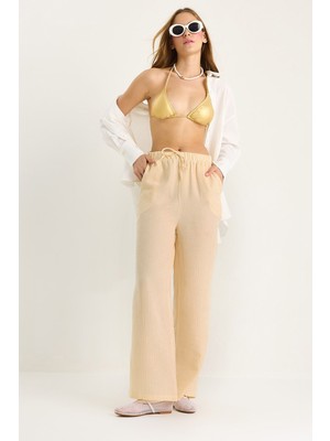Kadın Beli Lastikli Cep Detaylı Çizgili Müslin Palazzo Pantolon