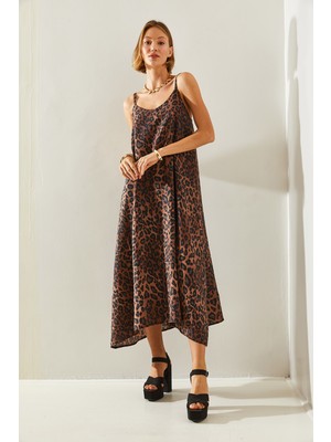 Kadın Leopar Ip Askılı Puantiyeli Asimetrik Kesim Basic  Elbise