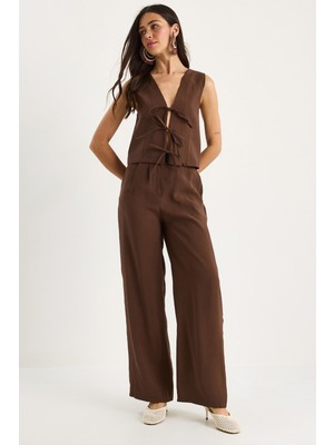 Kadın Bağlamalı Yelek Yüksek Bel Bol Pantolonlu Modal Alt-Üst Takım