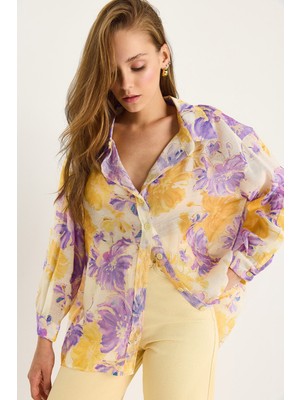 Kadın Çiçek Desenli Dijital Baskılı Oversize Viskon Gömlek