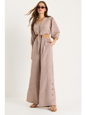 Kadın Bağlama Detaylı Bluz Astarlı Paçası Düğmeli Pantolonlu Astarlı Alt-Üst Takım