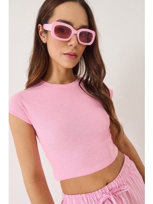 Kadın Bisiklet Yaka Kısa Kollu Basic Kaşkorse Crop Top T-Shirt