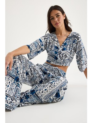 Kadın Desenli Crop Bluz Pantolon Takım