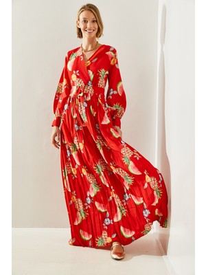 Shade Kadın Kruvaze Yaka Çiçek Desenli Piliseli Kemer Detaylı Uzun Elbise