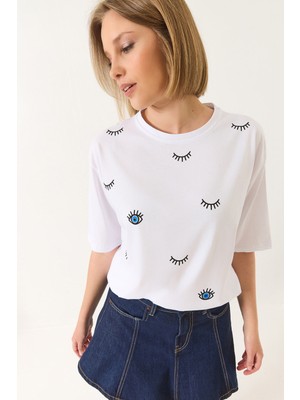 Shade Kadın Göz Baskılı Kısa Kollu Pamuklu Oversize T-Shirt