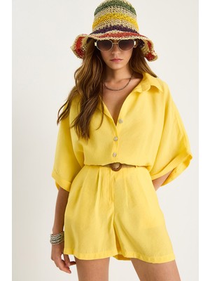 Shade Kadın Yarasa Kol Oversize Gömlek ve Hasır Kemerli Şort Modal Takım Yaz Temalı Şıklık