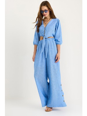 Kadın Bağlama Detaylı Bluz Astarlı Paçası Düğmeli Pantolonlu Astarlı Alt-Üst Takım