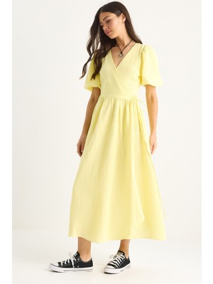 Kadın Kruvaze Kapamalı Balon Kollu Uzun Müslin Elbise