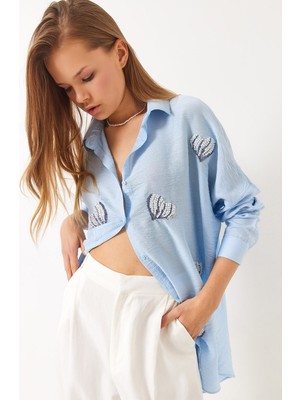 Shade Kadın Boncuk Taş Kalp Işlemeli Oversize Şık Gömlek