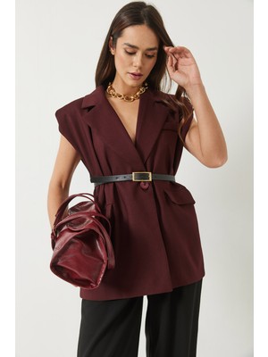 Shade Kadın Cep Detaylı Kemerli Vatkalı Oversize Astarlı Blazer Yelek