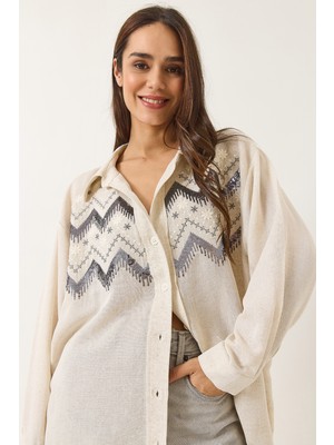 Shade Kadın Taş Işlemeli Oversize Keten Gömlek