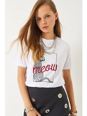 Shade Kadın Leopar Baskılı Nakış Detaylı Kısa Kollu T-Shirt