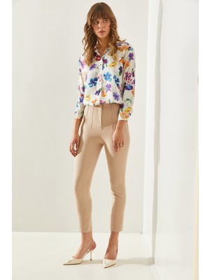 Kadın Yüksek Bel Fermuarlı Çima Detaylı Double Pantolon