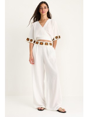 Kadın Örgü Detaylı Kruvaze Yaka Belden Kuşaklı Crop Yüksek Bel Pantolon Takım