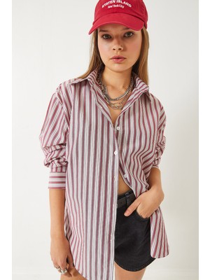 Shade Kadın Çizgili Regular Basic Viskon Gömlek