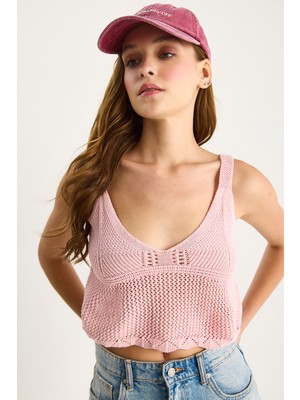 Shade Kadın Ajurlu Askılı Crop Triko Bluz