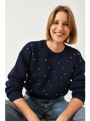 Shade Kadın Bisiklet Yaka Önü Inci Çakmalı Üç Iplik Şardonlu Sweatshırt